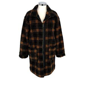 Saltwater Luxe Plaid Faux Fur Coat Jacket Black Brown Cinnamon Size Small NWT